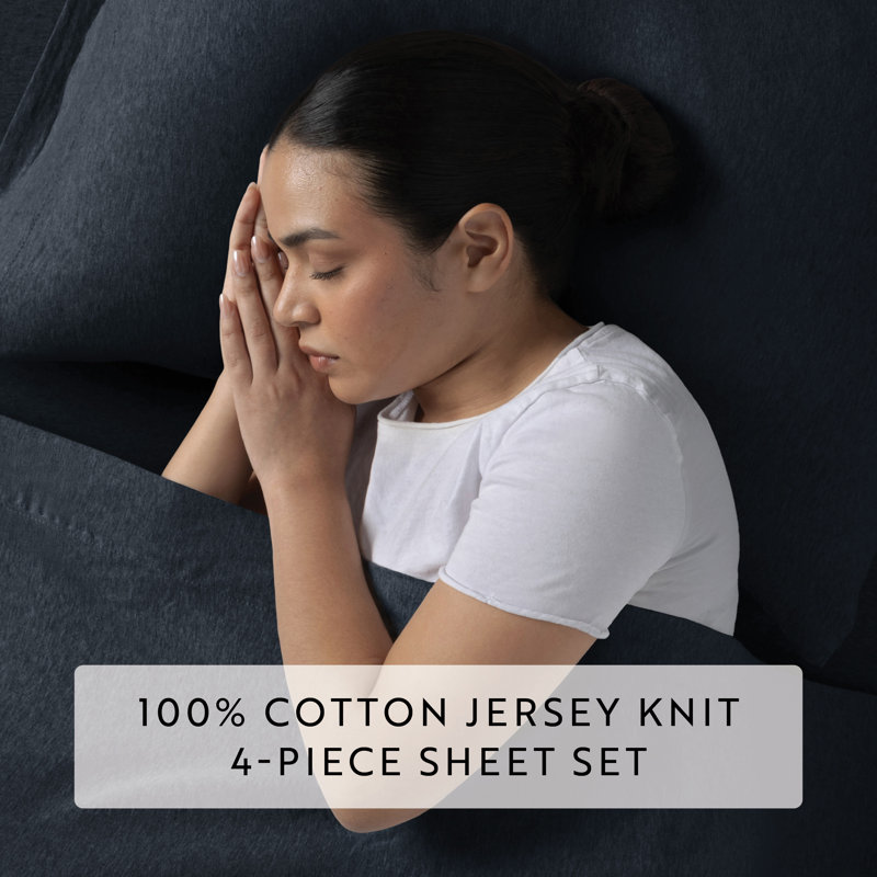Navy Full Cotton Jersey Knit 4-Piece Bedding Set