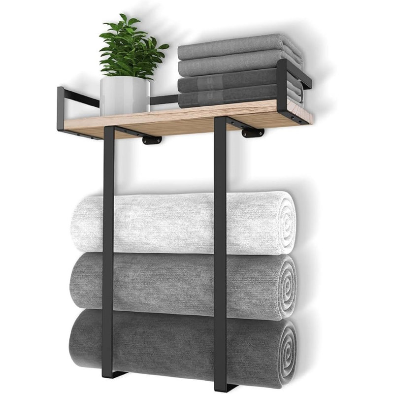 Black Metal Wall Mounted Towel Rack with Pine Wood Shelf