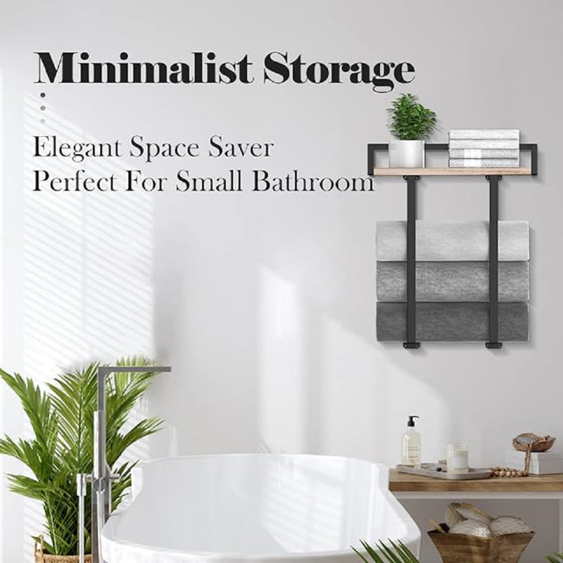 Black Metal Wall Mounted Towel Rack with Pine Wood Shelf