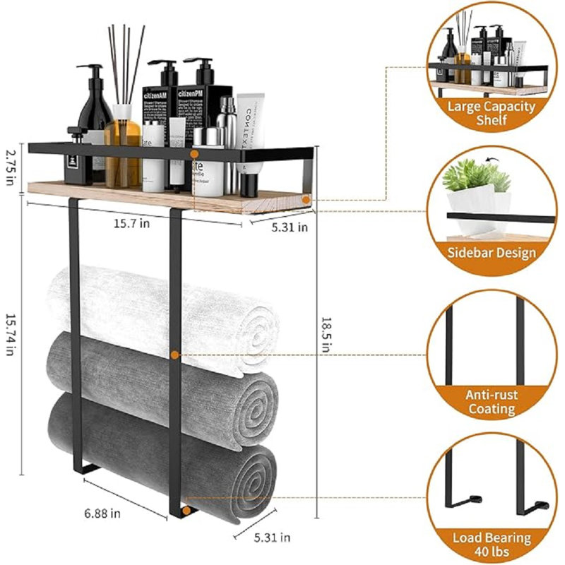 Black Metal Wall Mounted Towel Rack with Pine Wood Shelf