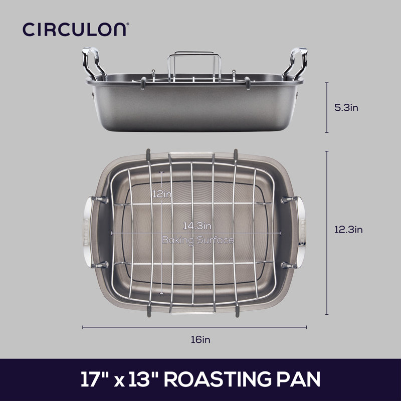 Gray Carbon Steel Nonstick Roasting Pan with Rack and Handles
