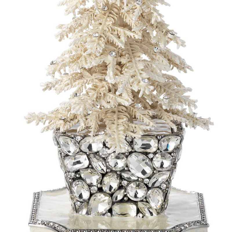 White Flocked Crystal Tree Stocking Holder with Pewter Base