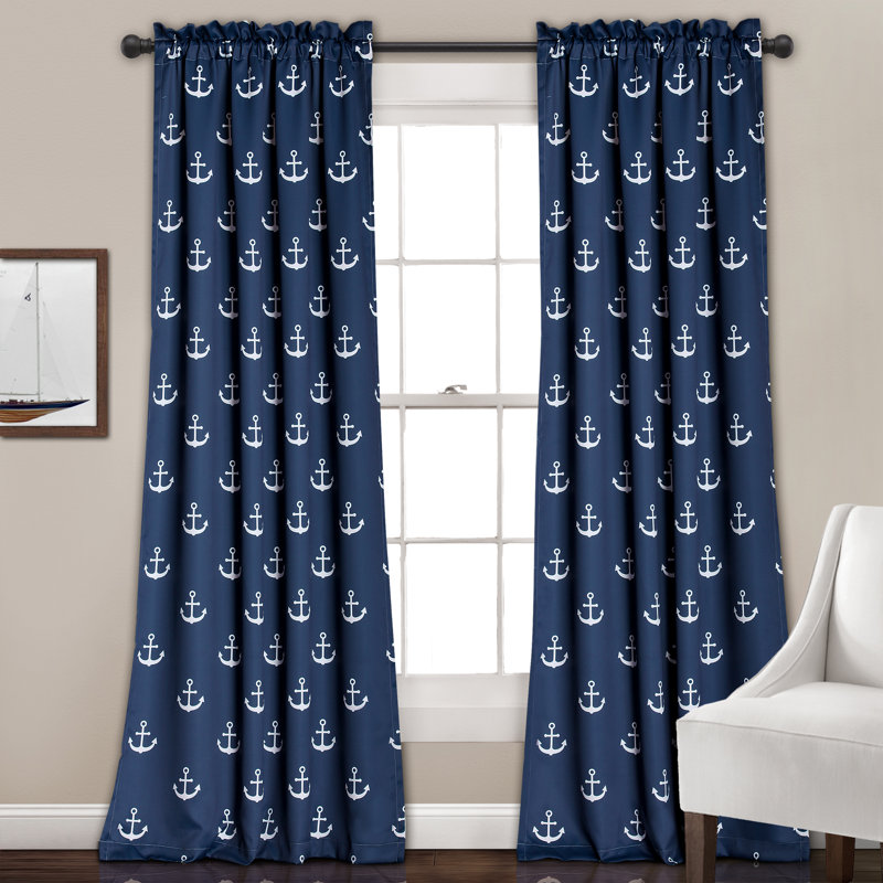 Navy Anchor Print Blackout Polyester Window Curtains