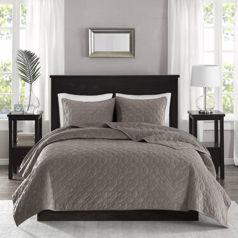 Taupe Full Velvet Reversible Quilt Set with Shams