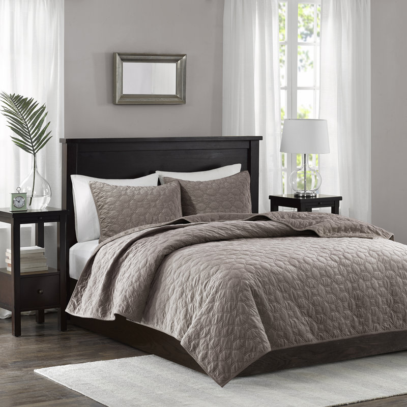 Taupe Full Velvet Reversible Quilt Set with Shams