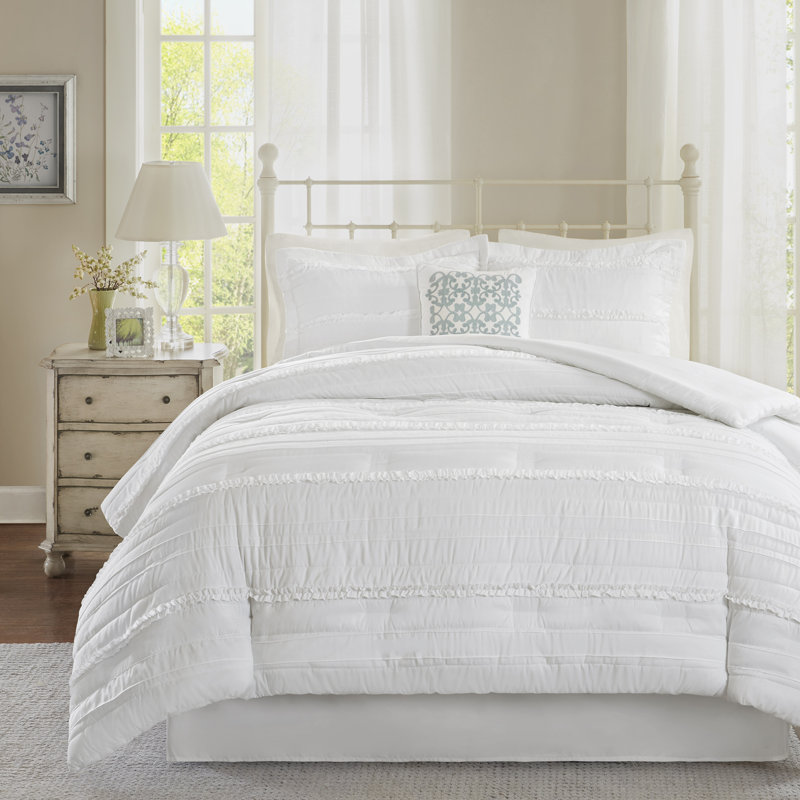 Celeste White Microfiber King Comforter Set with Ruffles