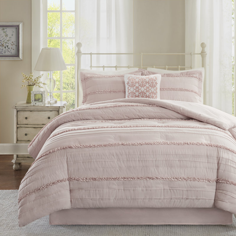 Celeste White Microfiber King Comforter Set with Ruffles