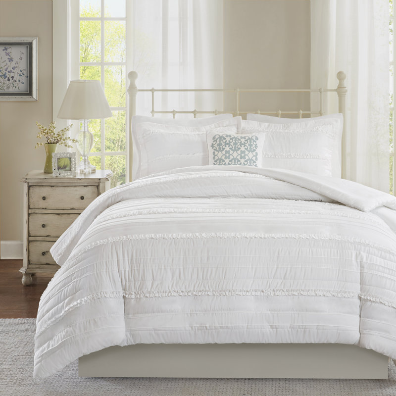 White Ruffled Microfiber King/Cal King 4-Piece Duvet Set