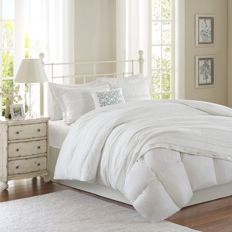 White Ruffled Microfiber King/Cal King 4-Piece Duvet Set