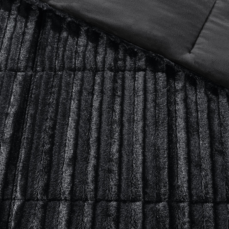 King Black Ribbed Faux Fur Comforter Set