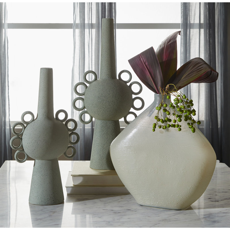 Celadon Ceramic Table Vase with Ringlet Handles, 22.5" H