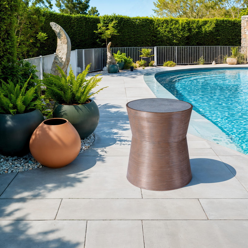 Transitional Gray-Brown Ribbed Drum Side Table with Concrete Top
