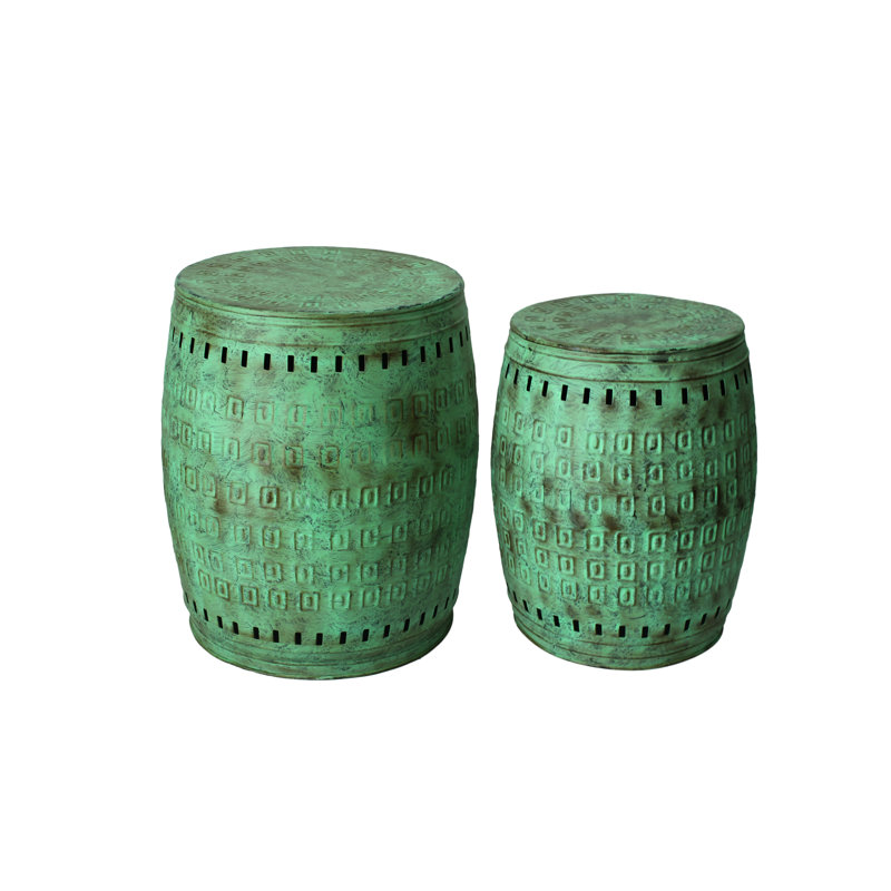 Large Green Distressed Metal Drum Stool Table