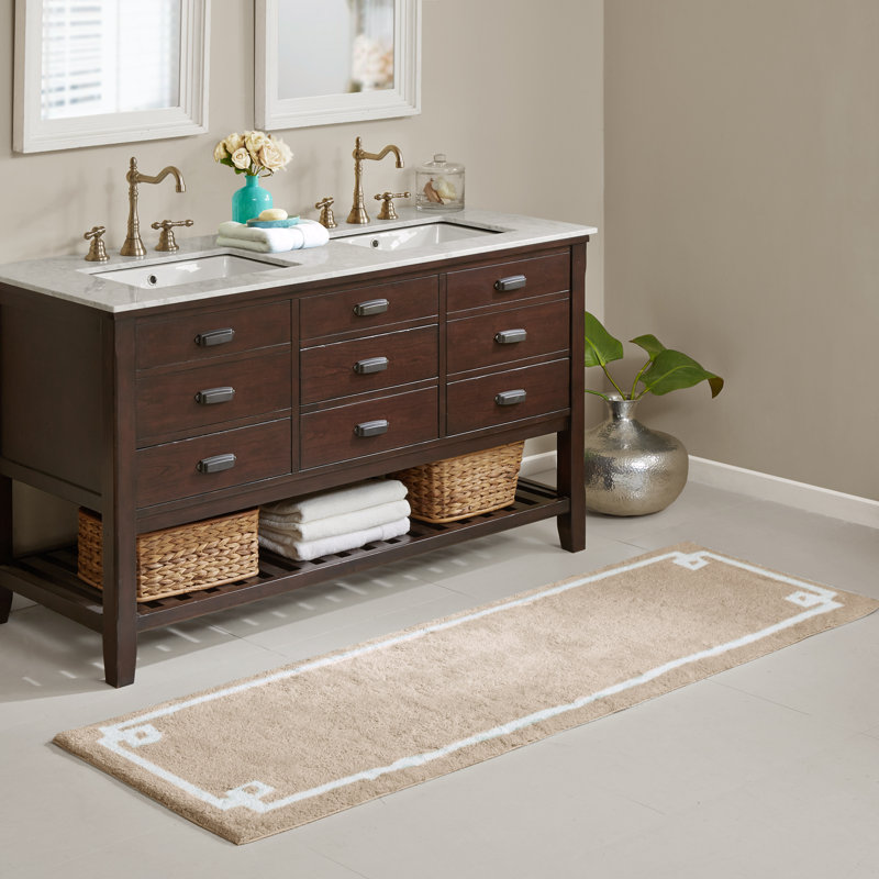 Beige Cotton Tufted Geometric Border Bath Rug