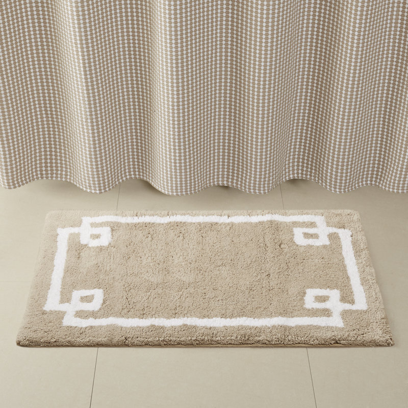 Beige Cotton Tufted Geometric Border Bath Rug