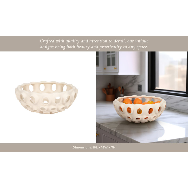 Cream Handcrafted Terracotta Decorative Bowl with Cutout Design