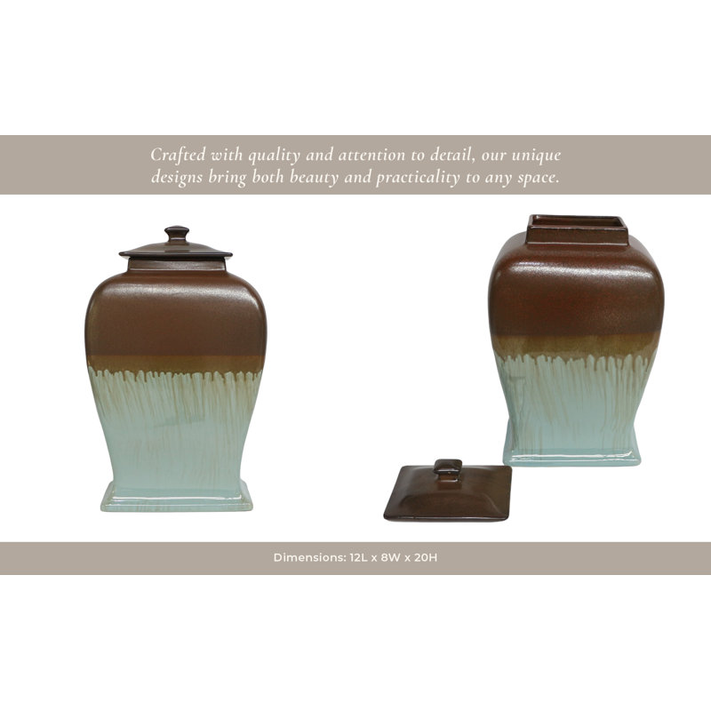 Handmade Brown and Green Stoneware Decorative Jar