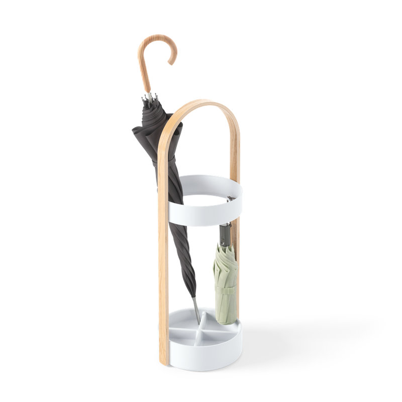 Bellwood Modern White-Natural Wood & Steel Freestanding Umbrella Stand