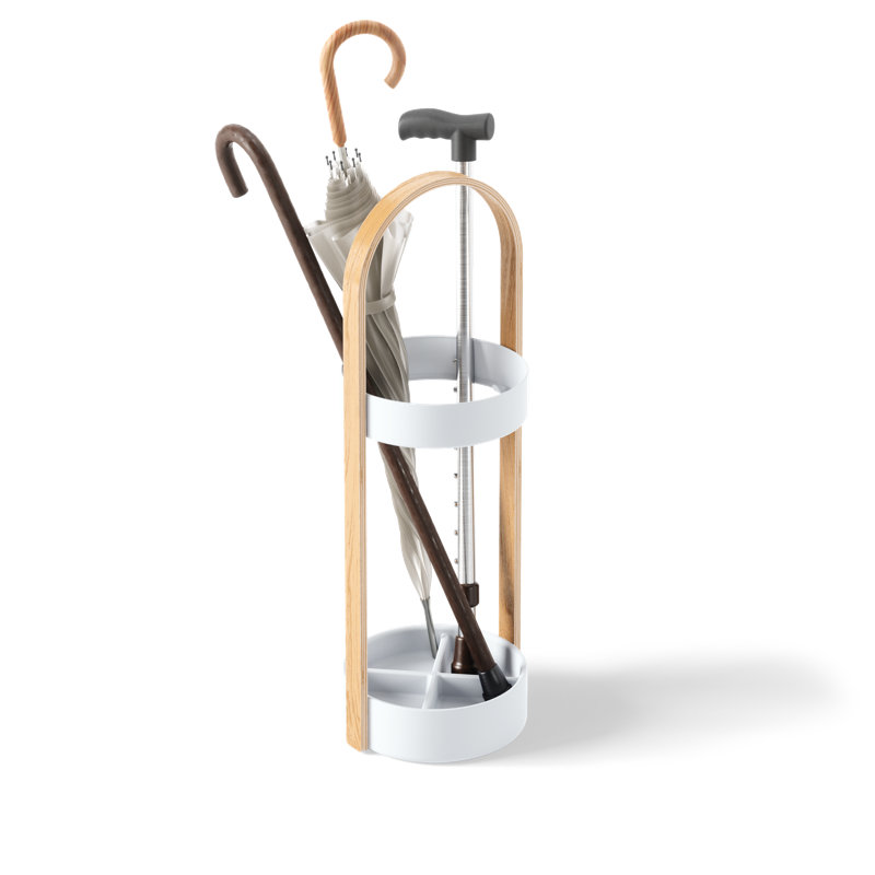 Bellwood Modern White-Natural Wood & Steel Freestanding Umbrella Stand