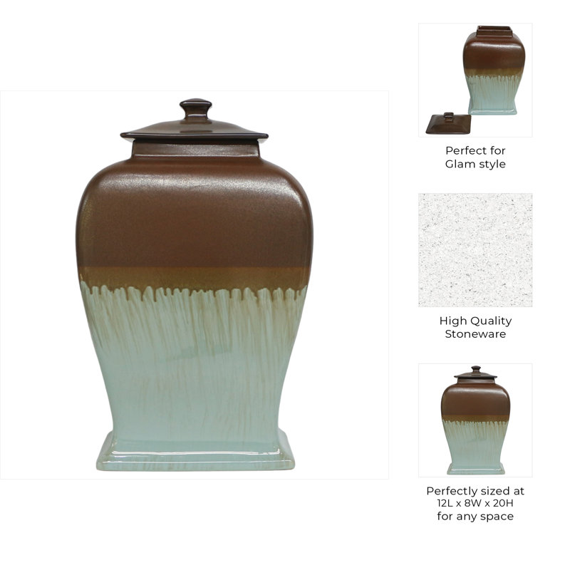 Handmade Brown and Green Stoneware Decorative Jar