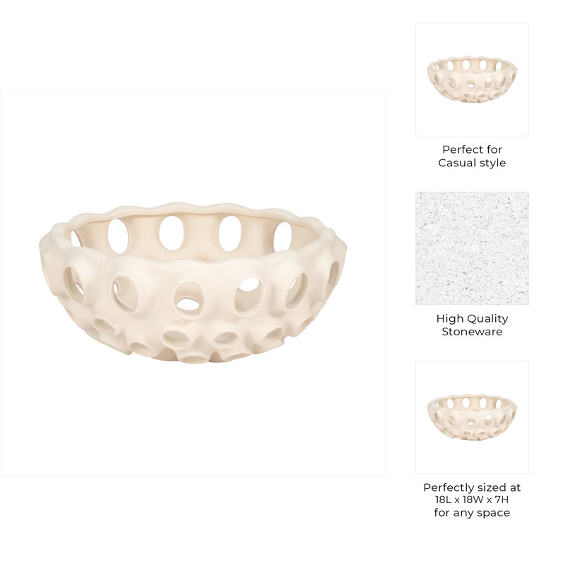 Cream Handcrafted Terracotta Decorative Bowl with Cutout Design