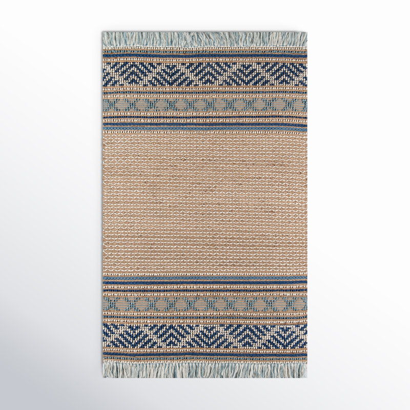 Handmade Blue and Beige Geometric Wool Area Rug 5' x 7'