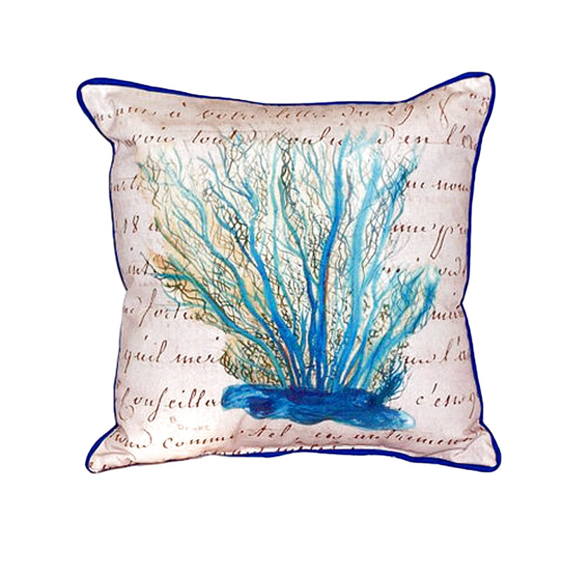 Coastal Charm Blue Coral Embroidered 12" Square Polyester Throw Pillow Set