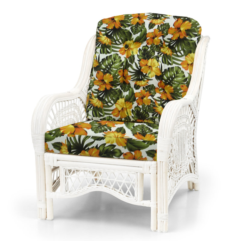 Floral Upholstered White Wash Rattan Lounge Set with Glass Coffee Table