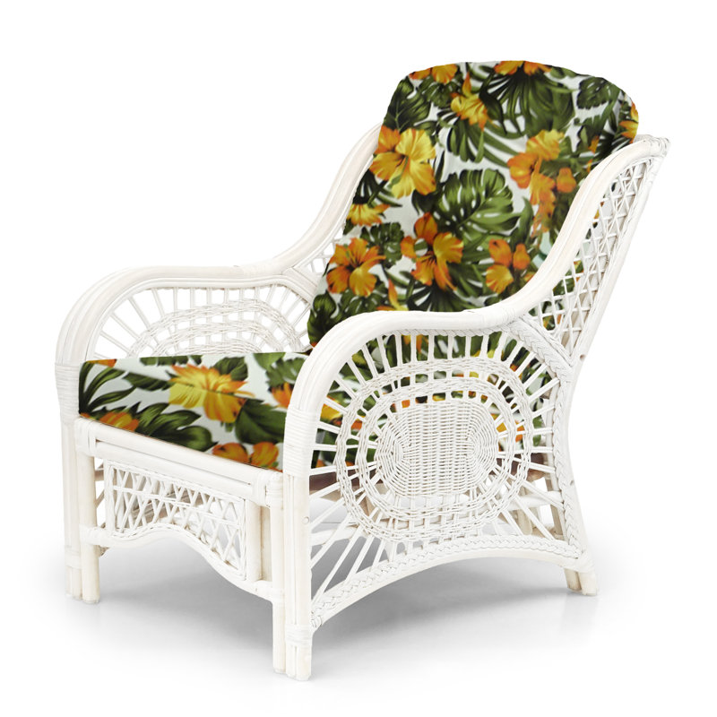 Floral Upholstered White Wash Rattan Lounge Set with Glass Coffee Table