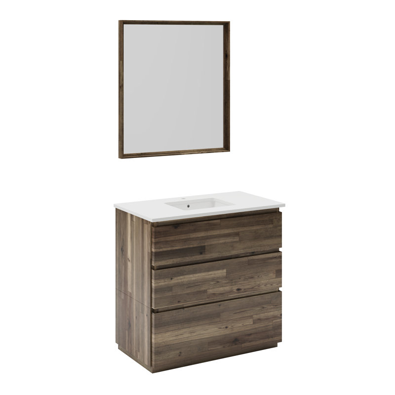 Elegant 36" Brown Quartz Top Bathroom Vanity Set with Mirror