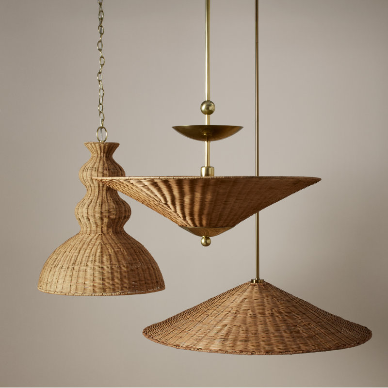 Aged Brass Indoor/Outdoor Pendant with Natural Wicker Shade