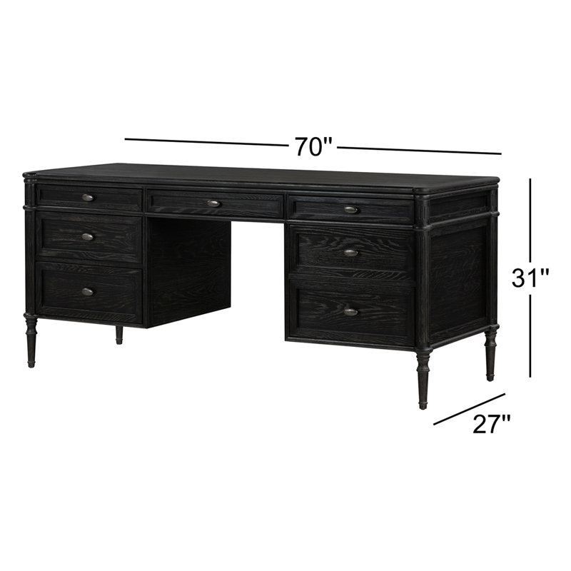 Distressed Black Solid Oak Executive Writing Desk with Drawers