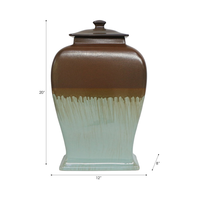 Handmade Brown and Green Stoneware Decorative Jar