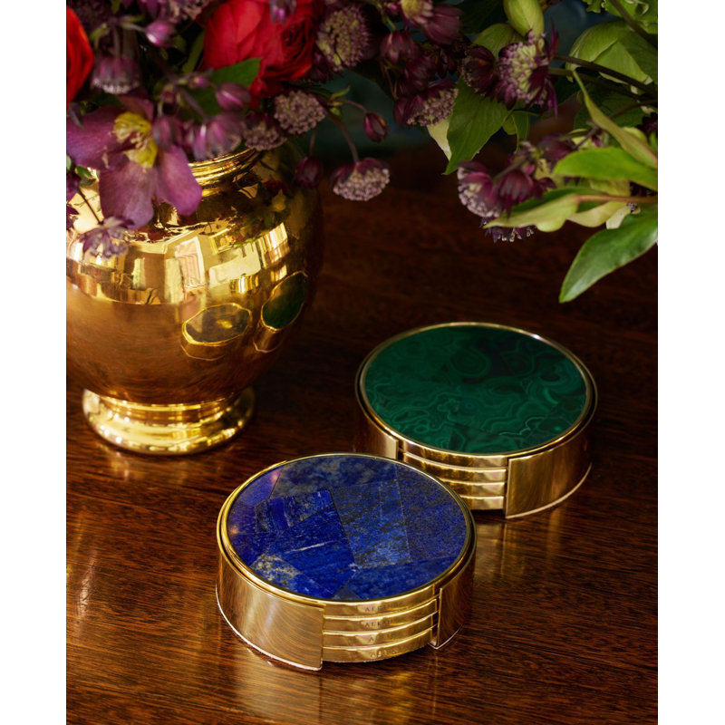 Lapis Blue Stone Mosaic Round Coaster Set with Gold Edging