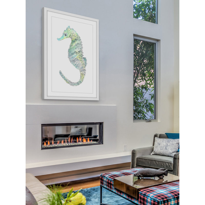 Teal Seahorse Canvas Print in White Frame, 14" x 20"