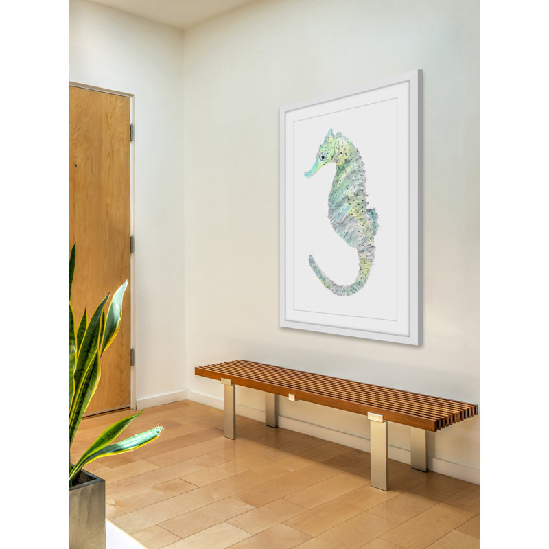Teal Seahorse Canvas Print in White Frame, 14" x 20"
