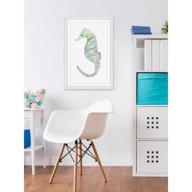 Teal Seahorse Canvas Print in White Frame, 14" x 20"