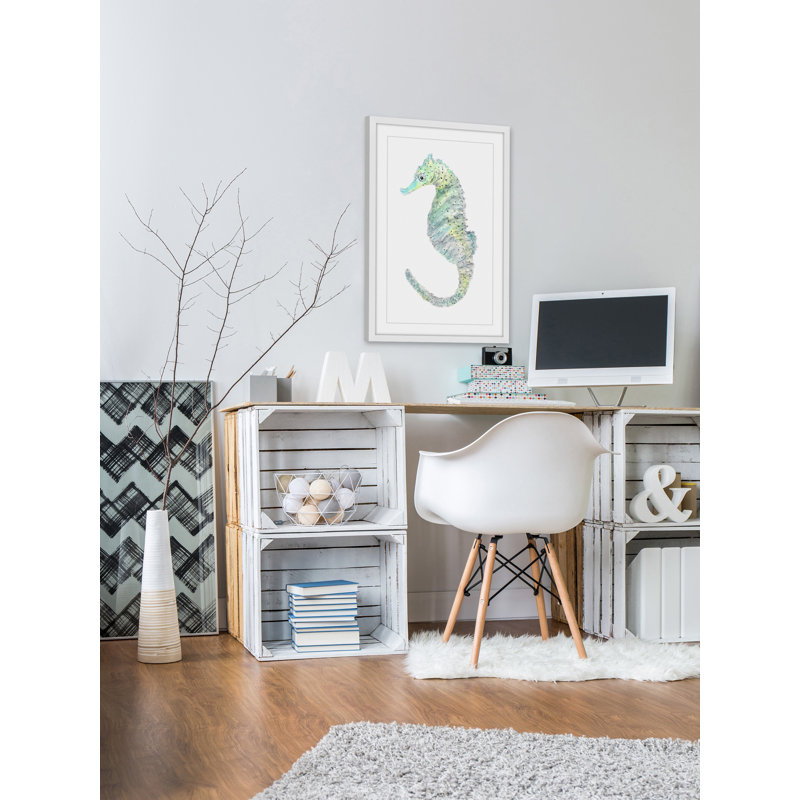Teal Seahorse Canvas Print in White Frame, 14" x 20"