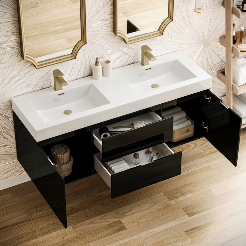 Glossy Gray 60" Wall-Mount Double Sink Modern Vanity