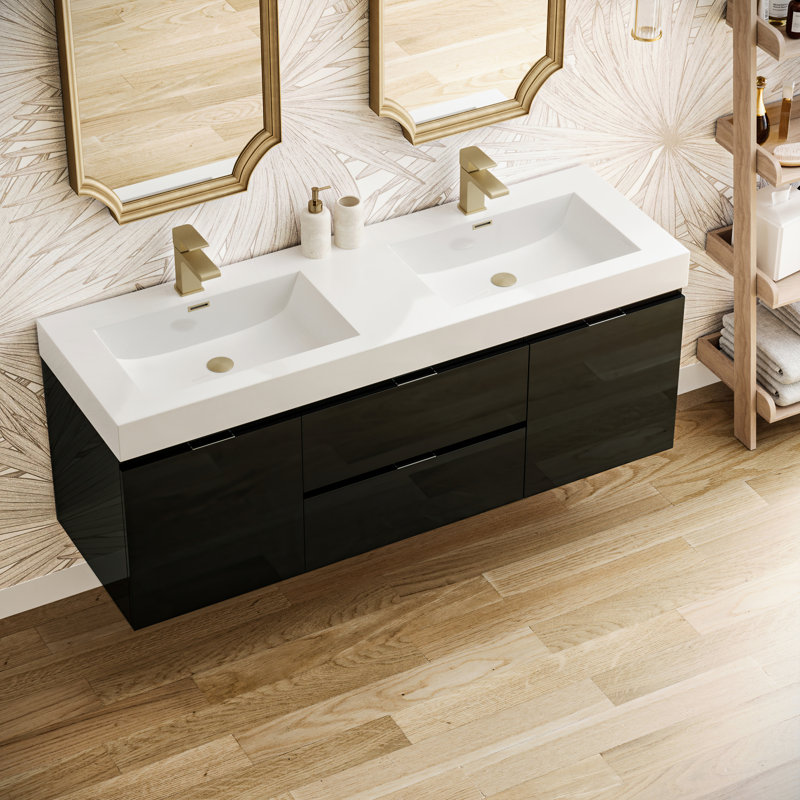 Glossy Gray 60" Wall-Mount Double Sink Modern Vanity