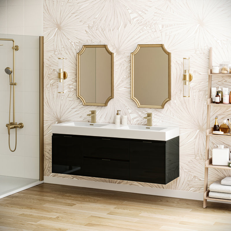Glossy Gray 60" Wall-Mount Double Sink Modern Vanity