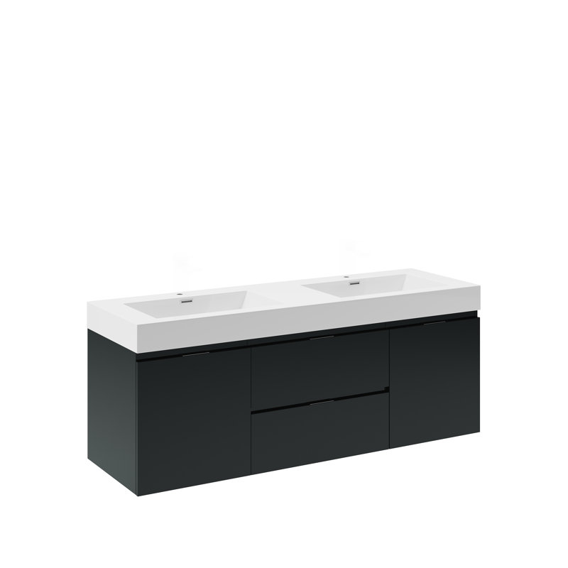 Glossy Gray 60" Wall-Mount Double Sink Modern Vanity