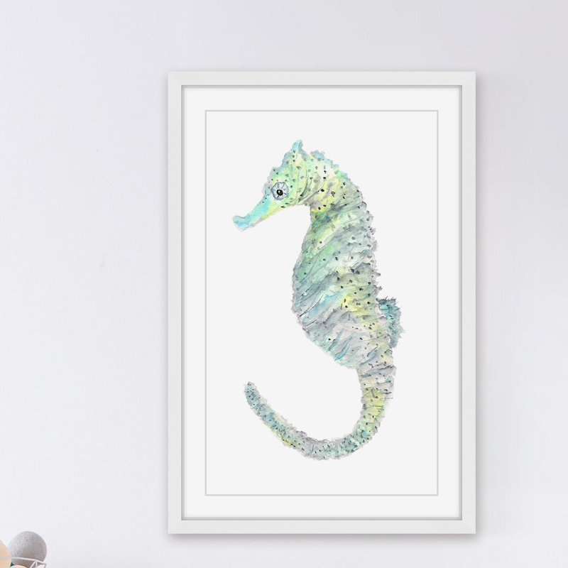 Teal Seahorse Canvas Print in White Frame, 14" x 20"