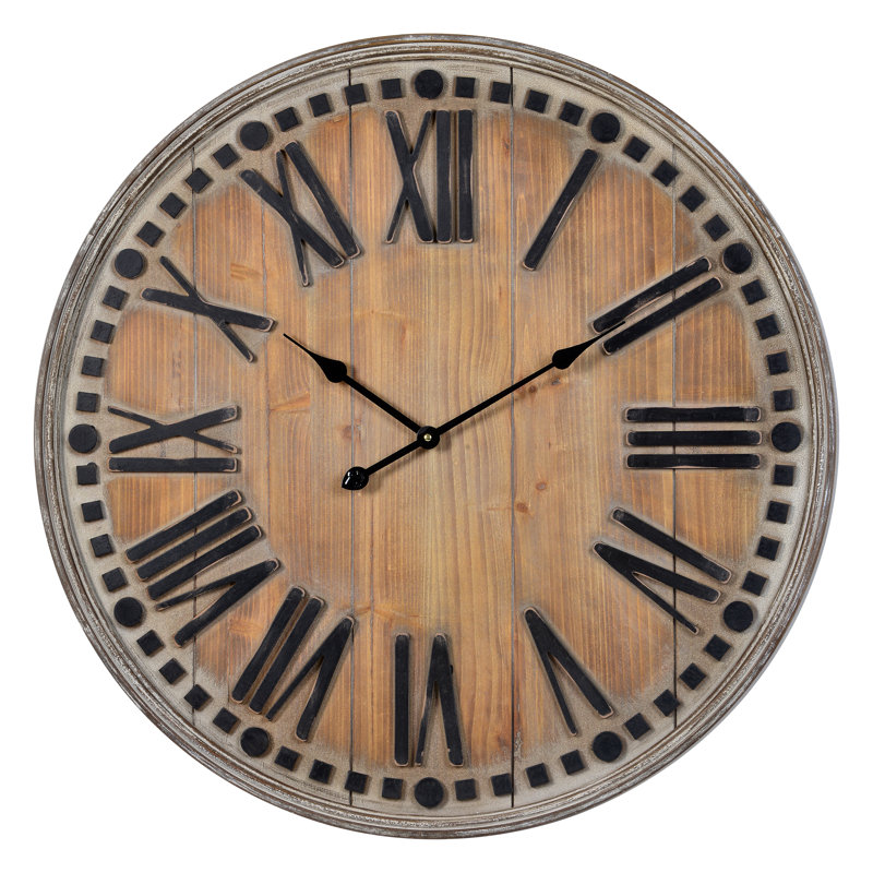 Vintage Firwood and MDF Oversized Wall Clock with Roman Numerals