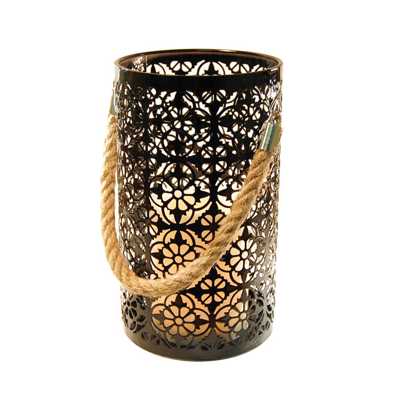 Black Jacquard Metal Hanging Tabletop Lantern with LED Candle