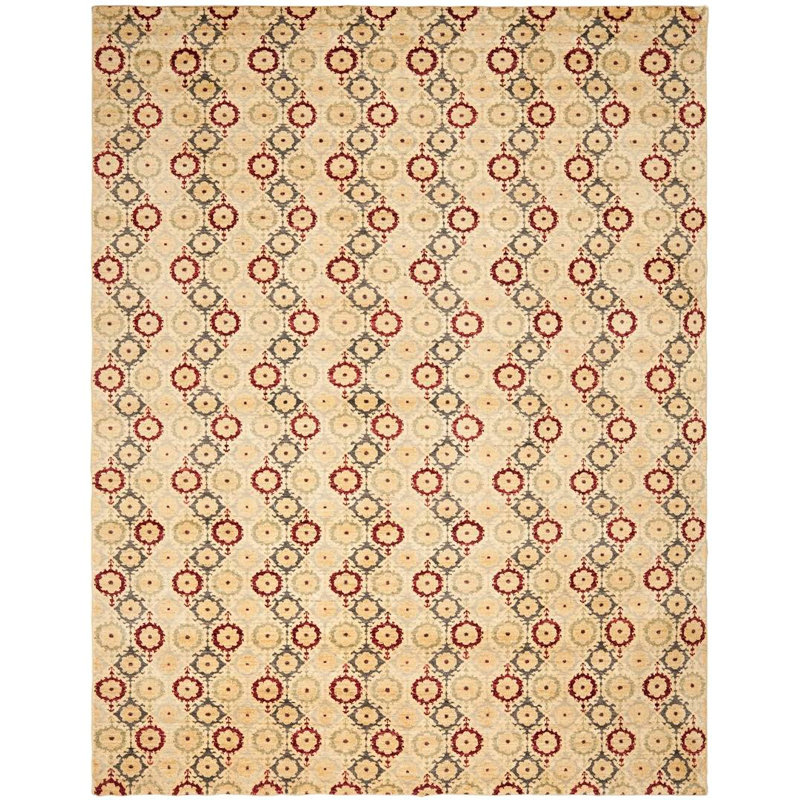 Ivory and Red Hand-Knotted Wool 6' x 9' Rug