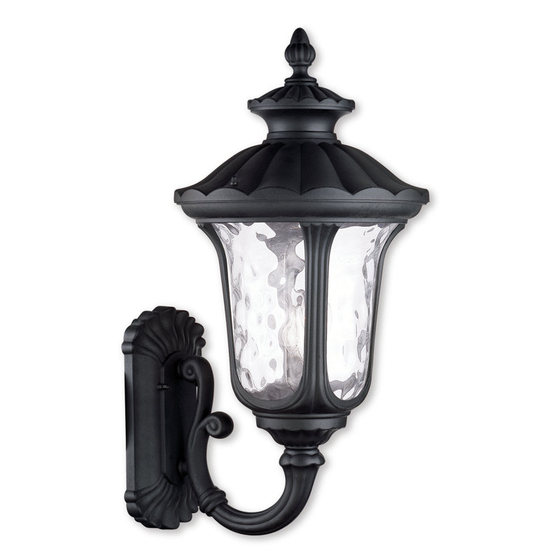 Artisanal Textured Black 3-Light Outdoor Lantern Sconce with Clear Water Glass