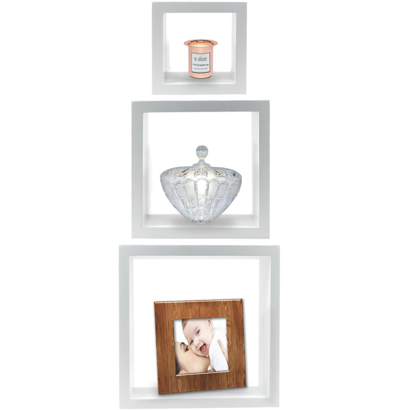 White Faux Wood Floating Cube Wall Shelves Set