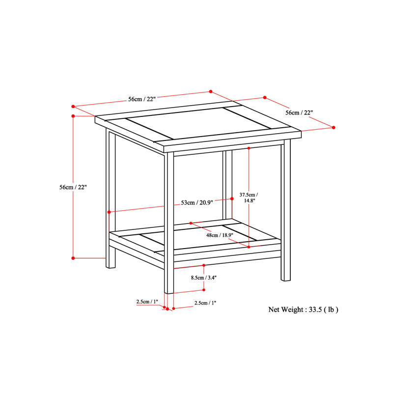 Skyler 22" Square Industrial End Table with Shelf in Dark Cognac Brown