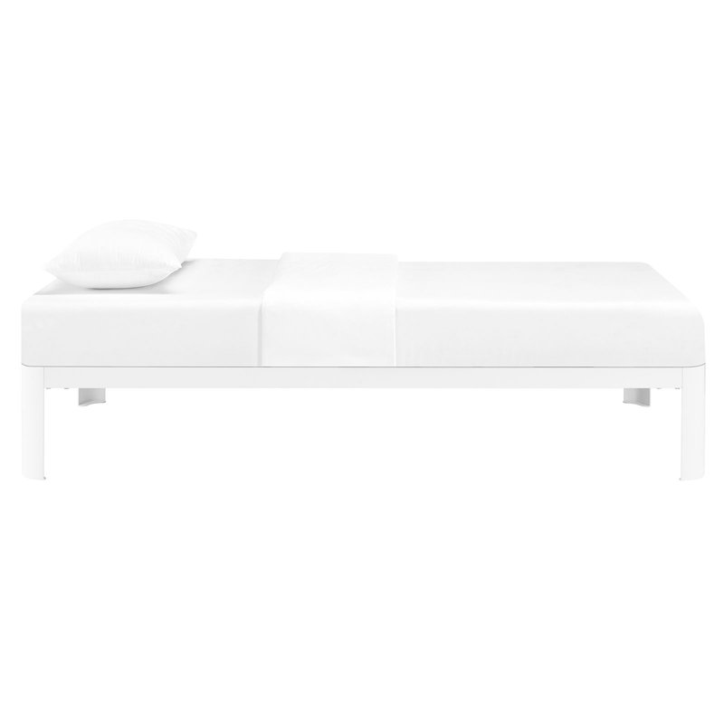 Sleek White Twin Metal Frame Bed with Wood Slats